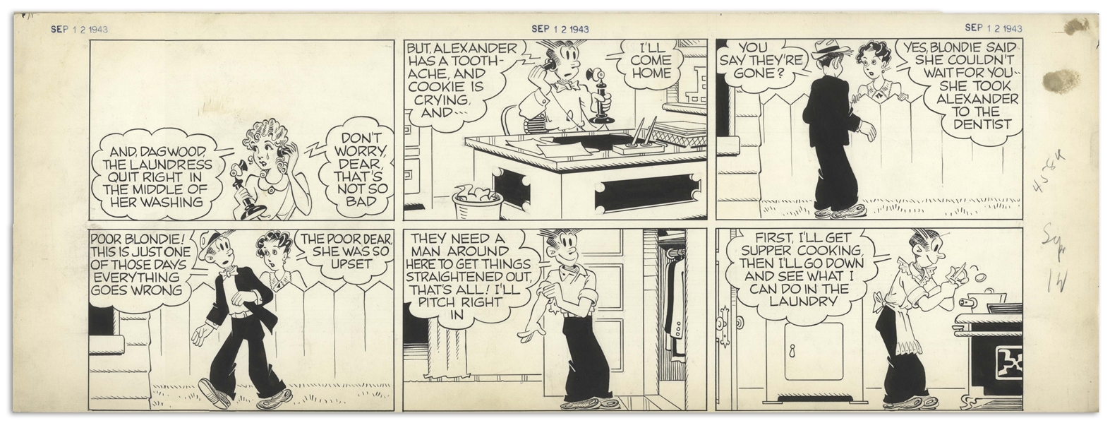 Chic Young Hand-Drawn ''Blondie'' Sunday Comic Strip From 1943 -- Featuring The Bumstead Family and Tootsie Woodley